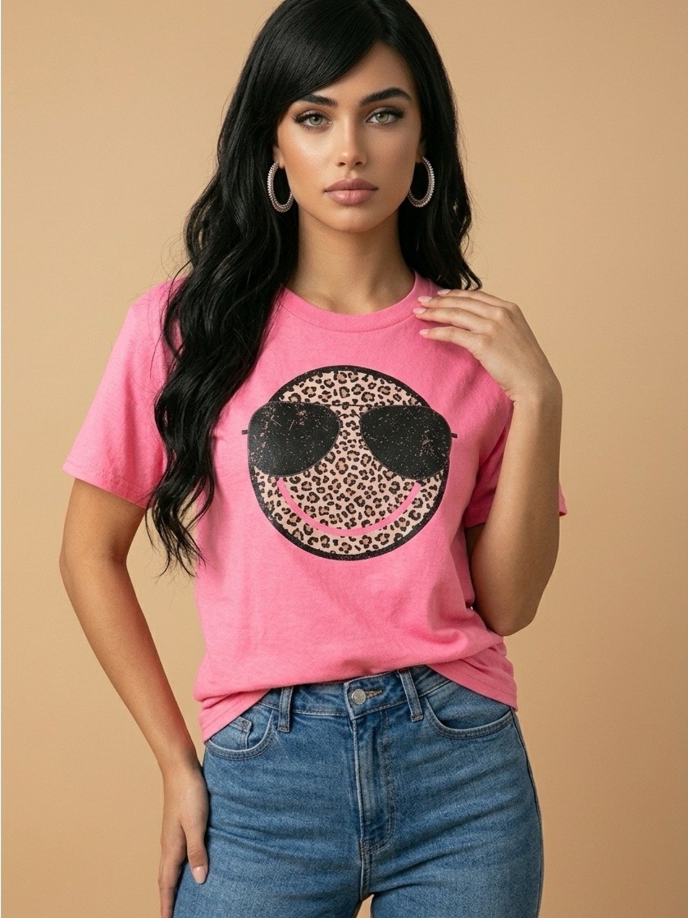 Pink Graphic Leopard Smile Tee - Women